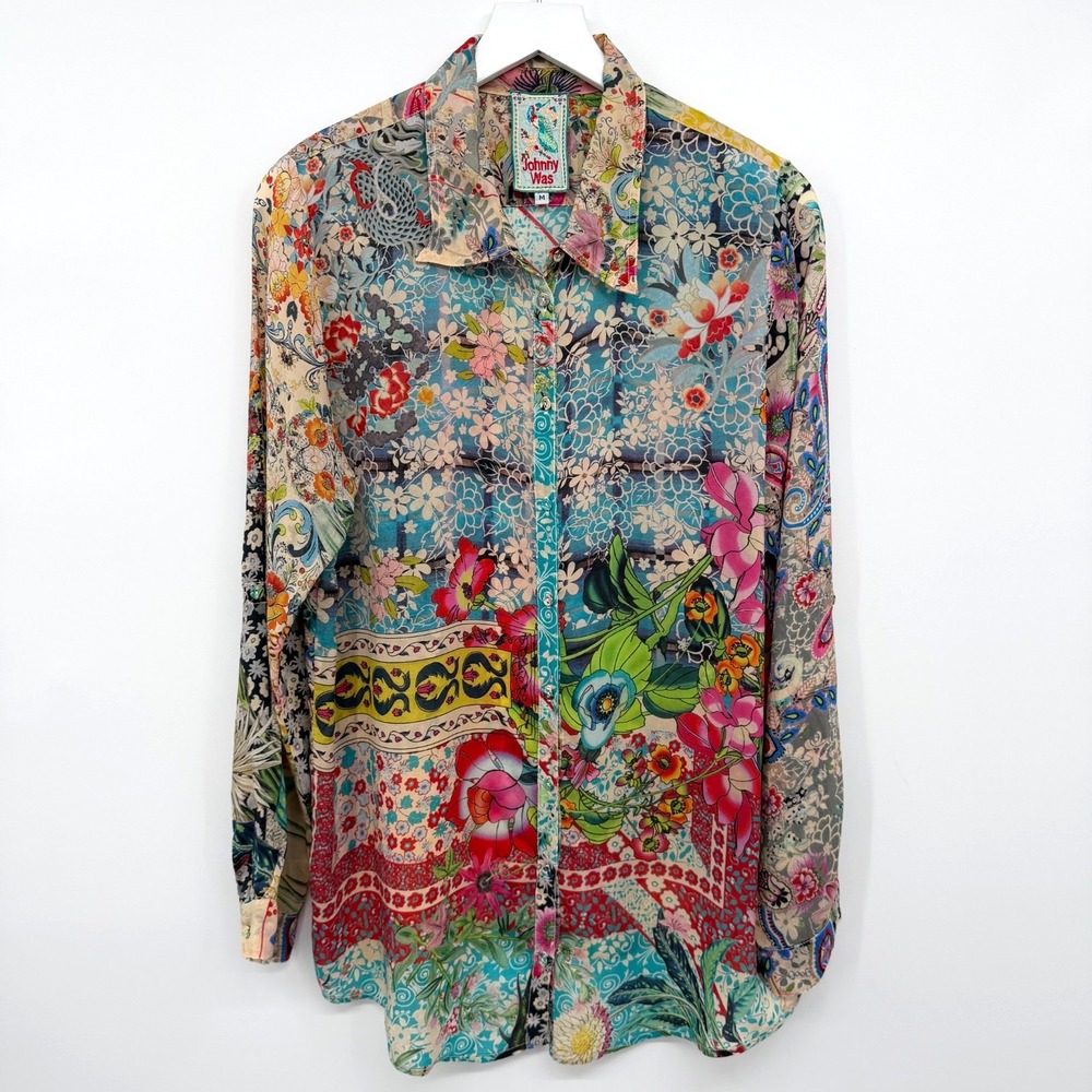Johnny Was Milla Tunic Top Shirt Size Medium Cupra Rayon Long Sleeve Boho Artsy